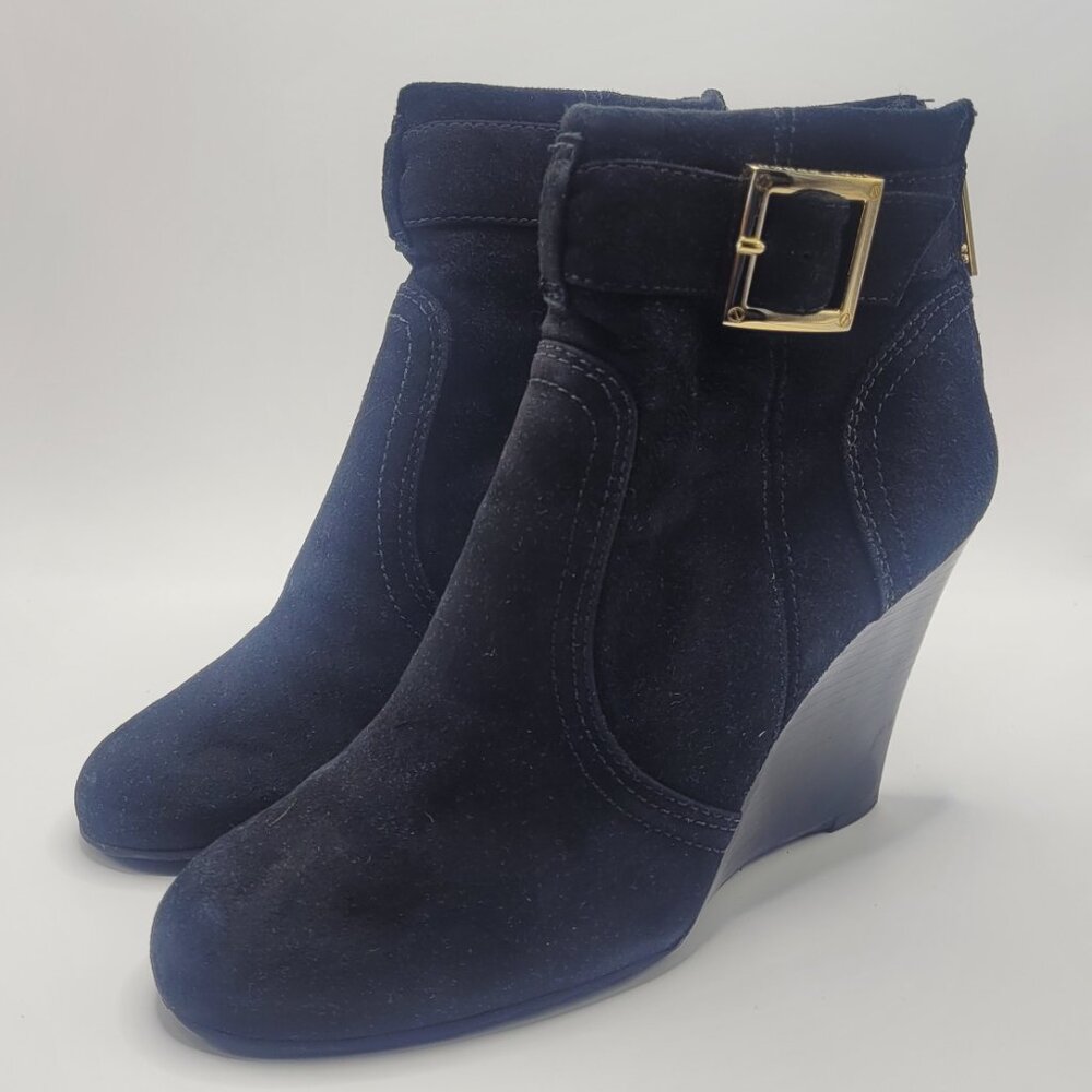 Tory Burch Adrienne Black Suede Buckle Wedge Booties